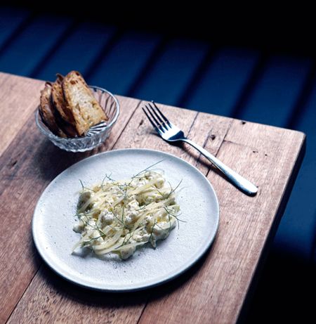 Stracciatella, fermented fennel, chamoile oil