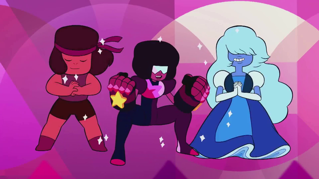 Ruby is the red gem on the left and Sapphire is the blue gem on the right. Garnet is the purple gem in the middle. These gems caused war, but are still good crystal gems and good parents for Steven.